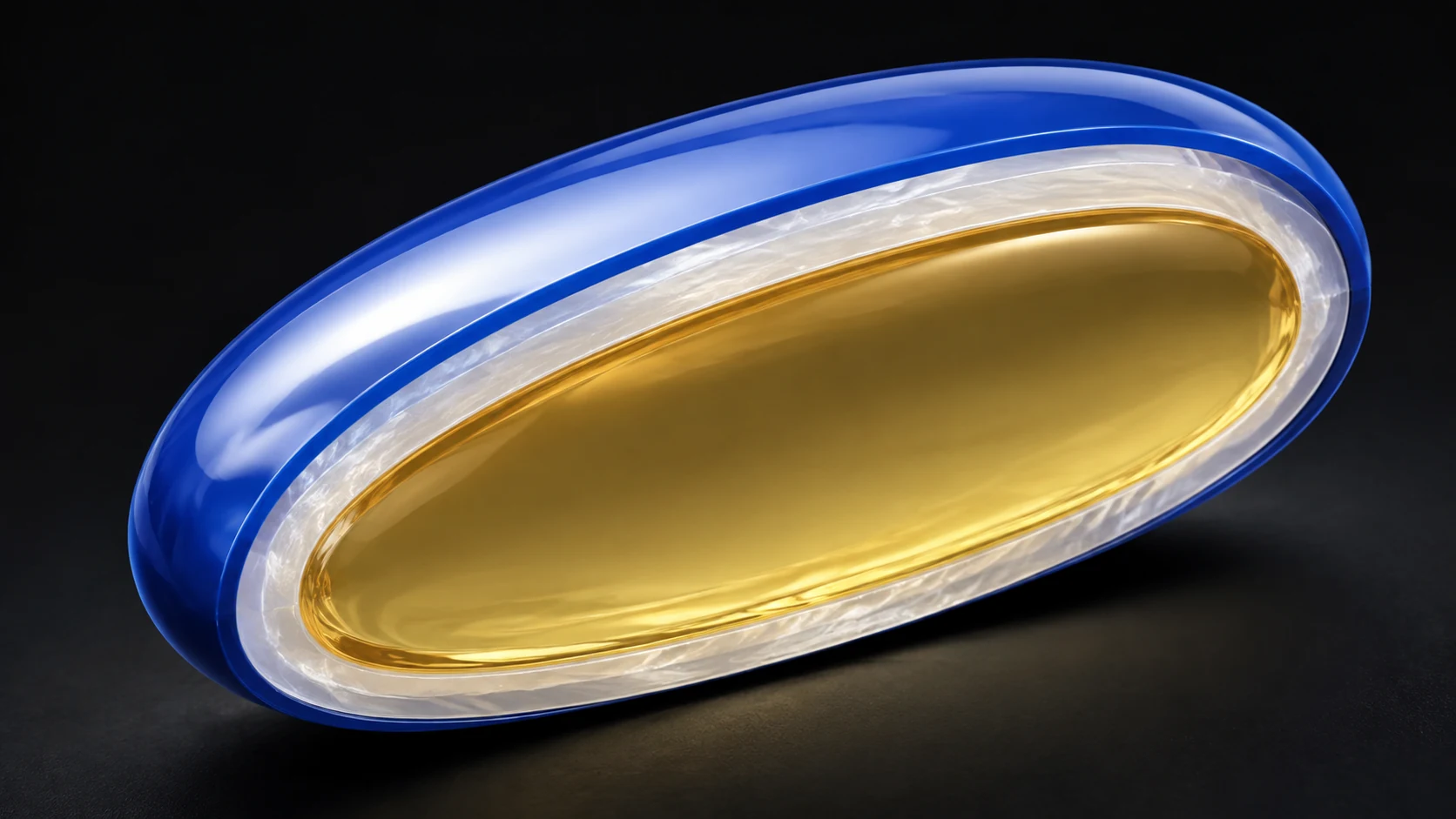 Conceptual cutaway of an enteric softgel: blue protection outside a silver gelatin shell and gold liquid fill. Illustrative colors; not to scale.